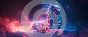 Neon Sphinx: A Mystical Encounter in an Electric Dreamland. Concept Fantasy Photoshoot, Neon
