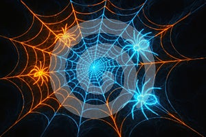 Neon spiders on glowing web