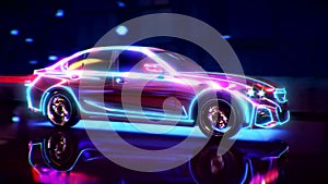 A neon sports car drives down a night road. 3D rendering.