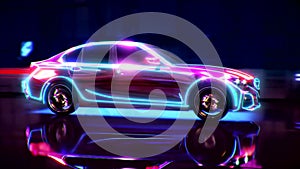 A neon sports car drives down a night road. 3D rendering.