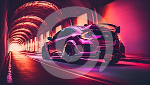 Neon Sports race car driving fast through tunnel