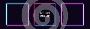 Neon square Frame. Set of quadrate neon Border in 2 angular parts. Geometric shape photo