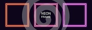 Neon square Frame. Set of quadrate neon Border with double outline photo