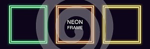 Neon square Frame. Set of quadrate neon Border with double outline photo