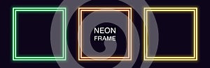 Neon square Frame. Set of quadrate neon Border with double outline