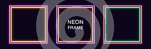 Neon square Frame. Set of quadrate neon Border with double outline. Geometric shape