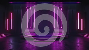 Neon stage background, empty futuristic podium with purple led lighting, interior of abstract modern dark room for show. Concept