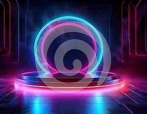 Neon Stage with Glowing Rings and Futuristic Atmosphere