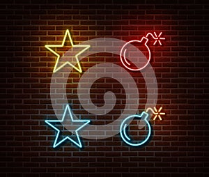 Neon star and bomb signs vector isolated on brick wall. Star light symbol, decoration effect. Neon i