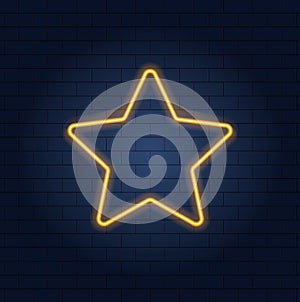 Neon Star Icon, Brick Wall Background and Glowing Star Shape.