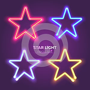 Neon star set. Bright colorful sign boards for your design. Vector illustration.