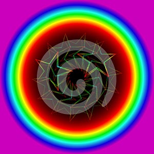 Neon star from a spiral in a rainbow circle.