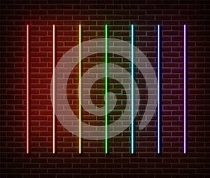 Neon sticks collection vector isolated on brick wall. Neon line light symbol, decoration effect. Neon rainbow laser illustration