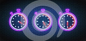 Neon stopwatch, timers with 20, 25 and 30 minutes. Vector illustration