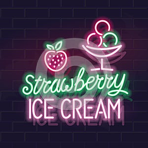 Neon strawberry ice cream typography with icons. Vector isolated neon illustration for any dark background. Fluorescent