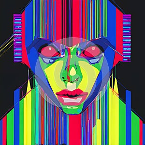 Neon-Striped Cyborg Visage: A Fusion of Digital Art and Vibrant Geometry