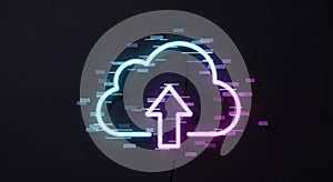 Digital Cloud Upload Icon with Glitch Effect and Data Flow