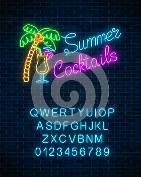 Neon summer cocktail bar sign with alphabet. Glowing gas advertising with pina colada alcohol shake and palm