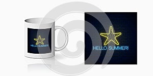 Neon summer print with sea star symbol for cup design. Summer leisure club emblem, design in neon style