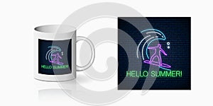 Neon summer print with surfer in ocean wave for cup design. Man on surfboard on waves symbol, design