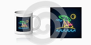 Neon summer sign with umbrella, sun, chaise-longue for cup design. Shiny summertime symbol, design on mug mockup