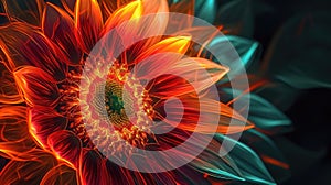 A neon sunflower with a golden center and petals in shades of orange and red radiating warmth and energy