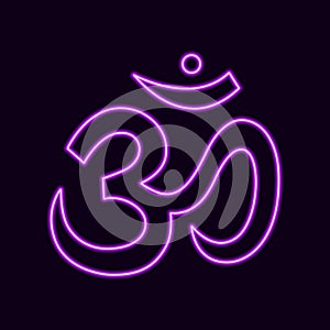 Neon symbol sound om. Main purple sign of sacred mantra pure divine yoga