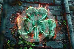 Neon symbol of st. patrick's day, shamrock clover, sign on Irish pub. Generative AI