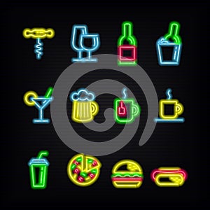 Neon symbols of different beverages and fast food.