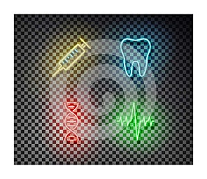 Neon syringe, tooth, dna, cardiogram signs vector isolated on on transparent background. Medicine li