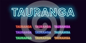 Neon Tauranga name, city in New Zealand. Neon text of Tauranga city
