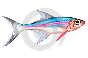 Neon Tetra fish isolated on white or transparent background. Close-up of colorful fish, side view. A graphic design