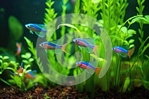 neon tetras schooling together in a lush planted tank