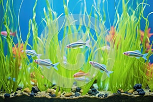 neon tetras shoaling beside green aquarium plants photo