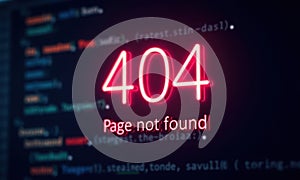 Neon text error 404 Page not found. Screen displays errors on website page. Concept of the Internet, troubleshooting