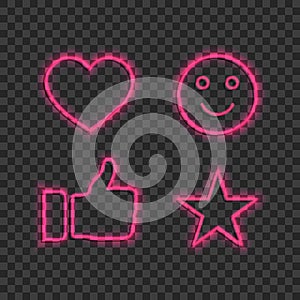 Neon thumbs up, heart, star, smile for social media. Like, ok icon collection isolated on transparent background. Neon lights