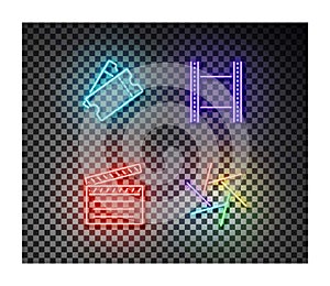 Neon ticket, movie tape, clip, camera shutter signs vector isolated on on transparent background. Ci