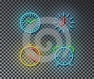 Neon time signs vector isolated on brick wall. Timer, clock, stopwatch, alarm light symbol, decorati