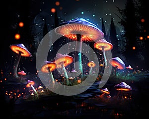 Neon toadstools glow in the dark.