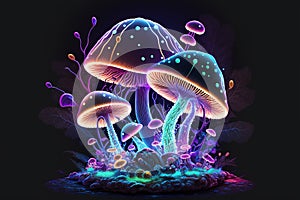 Neon toadstools illustration. Glowing mushrooms on dark background. Generative AI