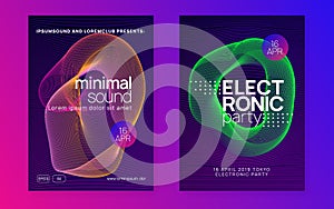 Neon trance event flyer. Techno dj party. Electro dance music. E