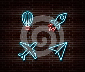 Neon transport signs vector isolated on brick wall. Air balloon, rocket, plane, paper airplane light