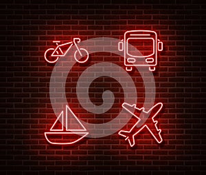 Neon transport signs vector isolated on brick wall. Bike, bus, boat, airplane light symbols, decorat