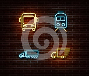 Neon transport signs vector isolated on brick wall. Bus, train, truck delivery light symbols, transp
