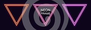 Neon triangle Frame. Set of triangular neon Border with double outline