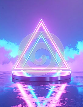 Neon Triangle Platform with Pink and Blue Lighting