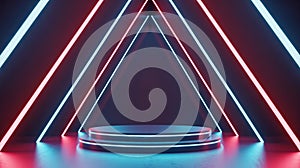 Neon Triangle Stage with Circular Platform and Red Blue Lights