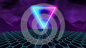 Neon triangle synthwave digital wireframe landscape. Retro futuristic background for game.