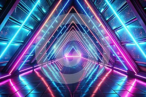 Neon Triangle Tunnel, Futuristic Corridor, Reflective Floor, Starry Background