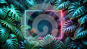 Neon Tropical Frame Lush Foliage, Pink-Blue Glow
